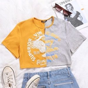 NWOT Split Two-Tone Graphic Crop Tshirt
